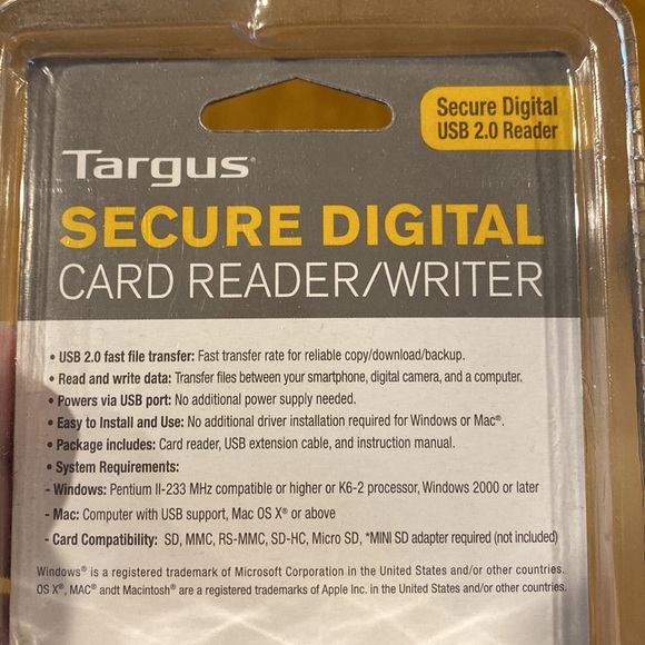 Targus secure digital card reader/writer, new in package. - Picture 2 of 3